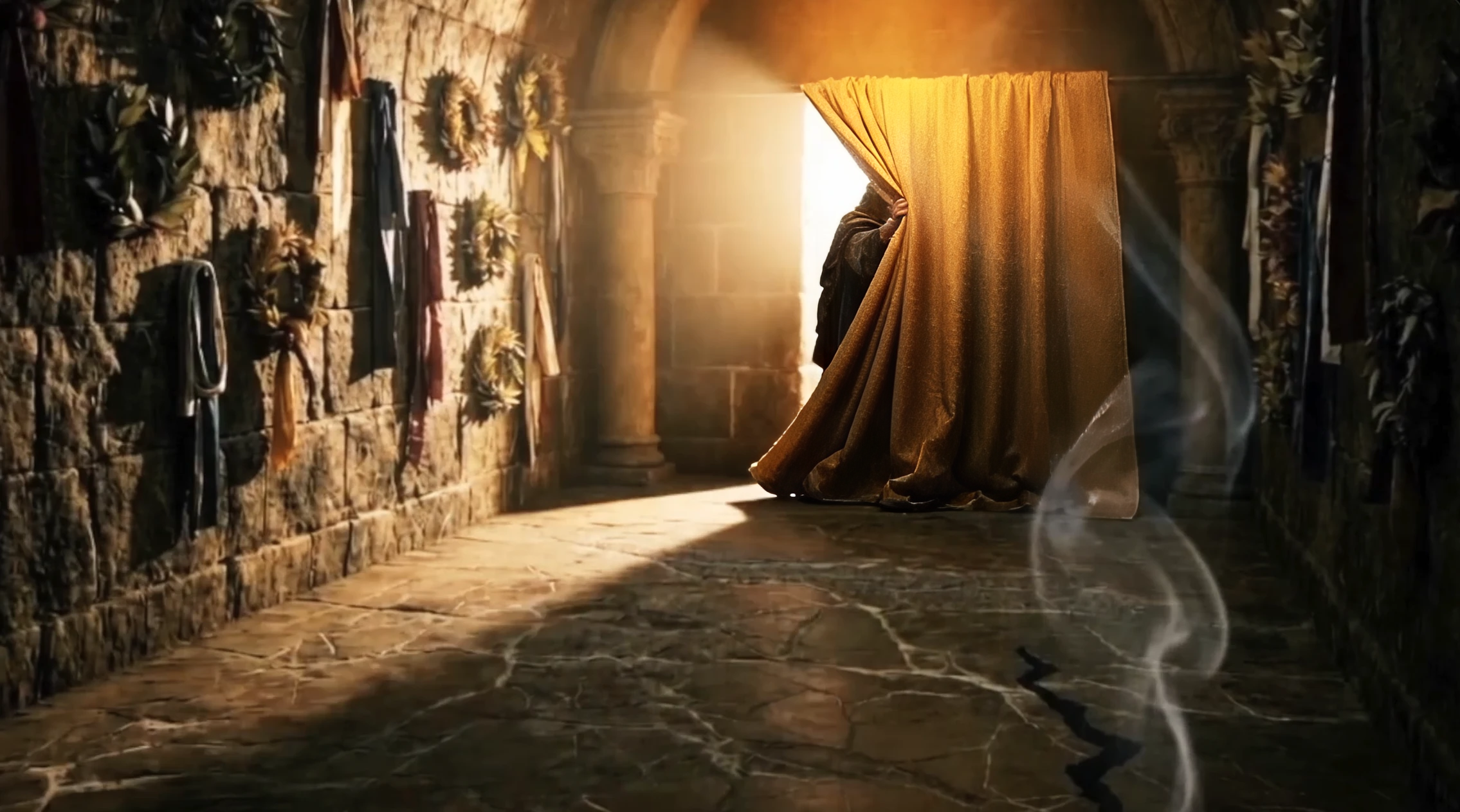 A gold curtain being pulled back to reveal sunlight inside an ancient stone room