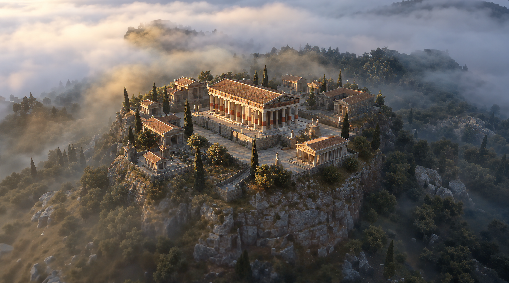An ancient sanctuary reconstructed on a rocky hillside amid morning mist