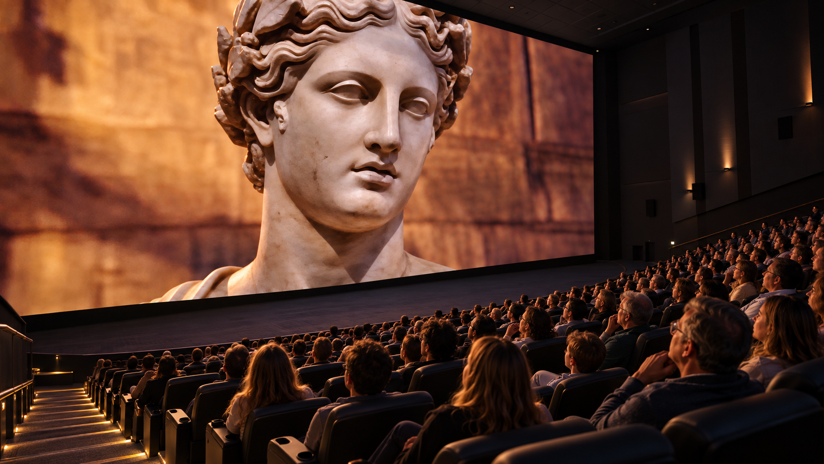 An audience watching the Apollo statue from Enchanted Greece on an IMAX screen, viewed from the left aisle